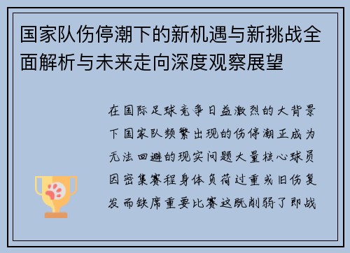 国家队伤停潮下的新机遇与新挑战全面解析与未来走向深度观察展望
